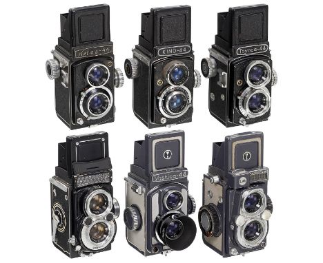 6 japanische TLR-Kameras 4 x 4 cm für 127er-FilmNur auf Verschluß geprüft, alle 6 Kameras laufen: Halma-44, Kino-44, Toyoca-4