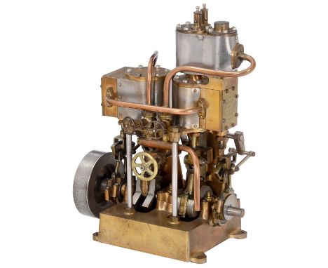 Sovereign-Patent-Verbunddampfmaschine Stehende Zweizylinder-Dampfmaschine, Funktionsmodell aus Messing, poliertem Stahl und G