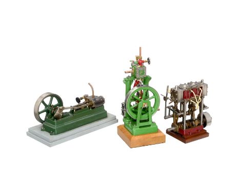3 Dampfmaschinen, um 19801) Stehend Dampfmaschine mit Wasserpumpe, bezeichnet auf dem Ventildeckel mit "F", Messing, Gußmetal