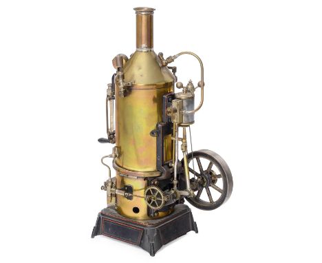 Große stehende Dampfmaschine, um 1920 Schoenner 165/4S oder Falk 455/3S, Messingkessel Ø 10 cm, Schwungrad Ø 10,5 cm, Gesamth