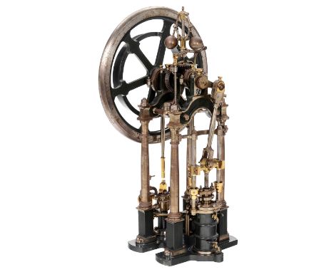 Großes Modell einer Einzylinder-Bockdampfmaschine, um 18504-Säulen-Modell aus Messing, Eisen und Stahl, doppeltwirkender Zyli