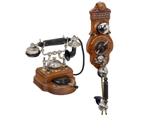 2 Haustelephone von Ericsson, um 19101) Linienwähler HA150/20, für 20 Anschlüsse, Einzelglocke, feste Gabel, Handapparat mit 