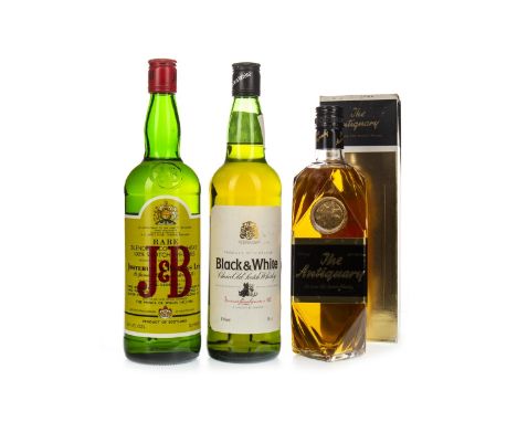 J&amp;B RARE Blended Scotch Whisky 26 2/3 fl.oz, 70° proof. BLACK &amp; WHITE Blended Scotch Whisky 75cl, 43% volume. ANTIQUA