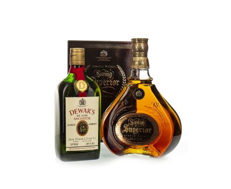 DEWAR'S ANCESTOR Blended Scotch Whisky 26 2/3 fl.oz, 70° proof. JOHNNIE WALKER SWING SUPERIOR - ONE LITRE Blended Scotch Whis