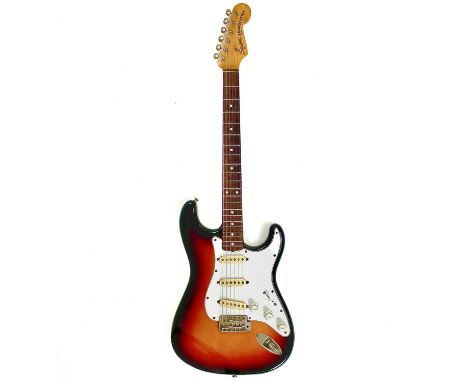 A 1983 Squier by Fender JV Stratocaster. JV Series Stratocaster electric guitar, Finish: Sunburst, made in Japan, S/N JV1XXX0