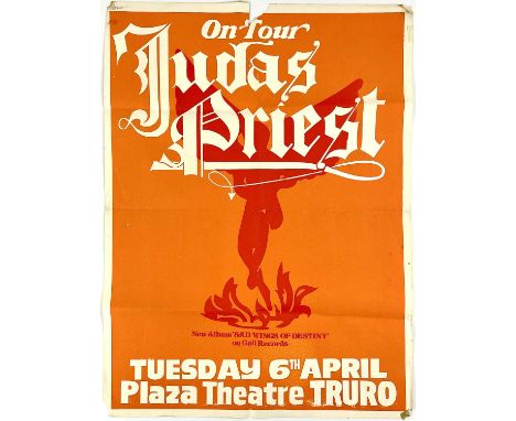 JUDAS PRIEST. An original 1976 concert poster for the Plaza Theatre, Truro, with the original concert ticket.  Tear with loss