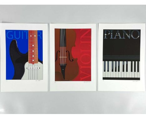 ANDY SHATTOCK (1947). Three stylish screen prints showing a 'Piano', 'Violin', and a 'Guitar'. Signed and numbered, 48.5cm x 