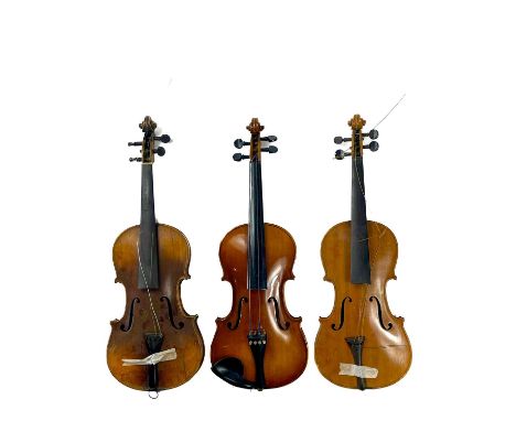 A 'Hsinghai' Antonio Stradivarius reproduction violin with case and bow. With two late 19th/early 20th century violins, one o