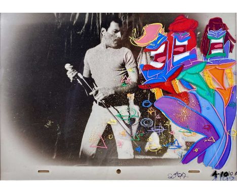 QUEEN and FREDDIE MERCURY.  An animation cell from 'It's a Kind of Magic', on three-holed paper, featuring a b+w photo of Fre