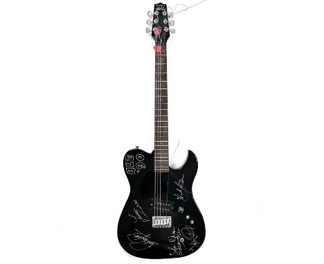 A SIGNED 'STATUS QUO' GUITAR. Signed by five members of the band (Francis Rossi, Rick Parfitt, John "Rhino" Edwards, Jeff Ric