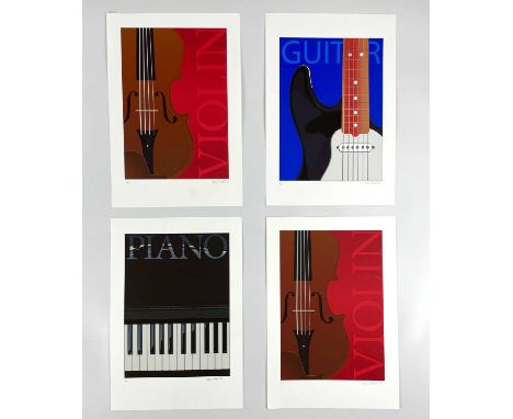 ANDY SHATTOCK (1947). Three stylish screen prints showing a 'Piano', 'Violin', and a 'Guitar' Signed and numbered, 48.5cm x 3