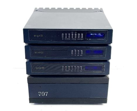 QUAD 77 Series. Consisting of a 707 power amplifier, a pre amplifier, compact disc player, FM tuner, and a stand on wheels. (