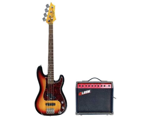 A Westfield Pro Series electric bass guitar and amp. The amp is a Leem BA-818 20 Watt amplifier. The bass guitar includes a s