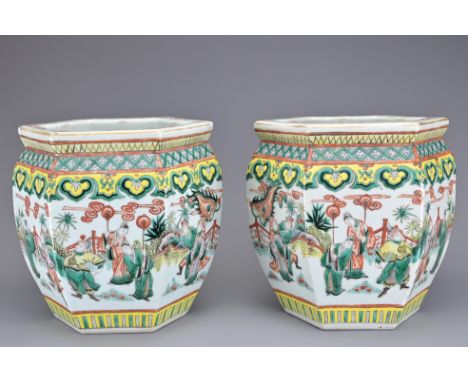 A PAIR OF CHINESE FAMILLE VERTE PORCELAIN JARDINIERES, LATE 19TH CENTURY. Decorated with warrior scenes. 22.5cm height. (2)On