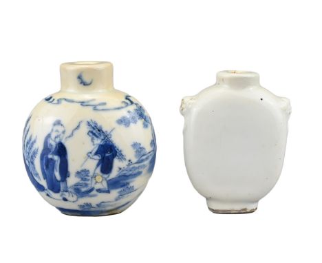 TWO CHINESE PORCELAIN SNUFF BOTTLES, 19TH CENTURY. To include an ovoid blue and white porcelain snuff bottle decorated with f