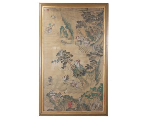 A VERY LARGE CHINESE PAINTING ON SILK, 19TH CENTURY. Eight Immortals and Queen Mother of the West with other Taoist figures g