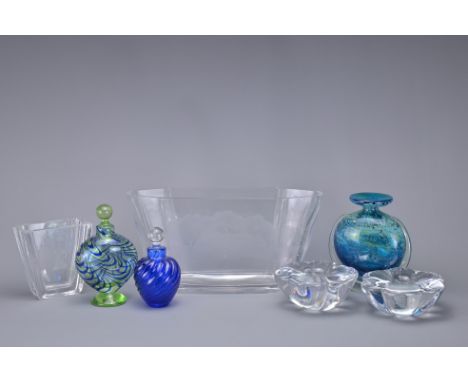 A GROUP OF ORREFORS GLASS AND OTHERS. To include a pair of candle holders inscribed Orrefors, a Skurf art glass etched with g