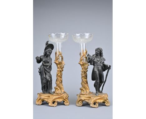 PAIR OF 19TH CENTURY FIGURATIVE ORMOLU CANDELABRA, holding etched glass cups, depicting man and woman in black coated metal, 