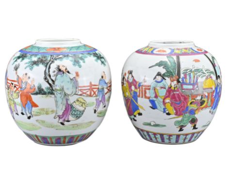 TWO CHINESE PORCELAIN GINGER JARS, 19/20TH CENTURY. Each decorated with polychrome enamels depicting various figures. One wit