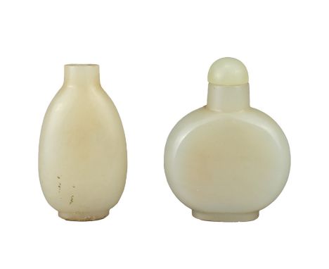TWO CHINESE JADE SNUFF BOTTLES, QING DYNASTY. One flattened circular body with jade stopper. Together with one other. Approx.