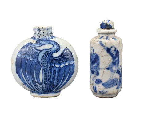 TWO CHINESE BLUE AND WHITE PORCELAIN SNUFF BOTTLES, 19TH CENTURY. To include a flattened ovoid bottle decorated with phoenix 