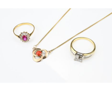 GOLD RINGS AND PENDANT NECKLACE. To include a 18K gold and diamond ring, stamped 18K 0.75. A 9ct gold ring with pink coloured