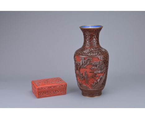 TWO VINTAGE CHINESE ITEMS. To include a lacquer and enamel vase decorated with figures in a landscape scene. Together with a 