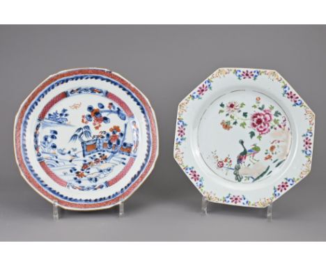 TWO CHINESE PORCELAIN DISHES, 18TH CENTURY. To include an octagonal dish decorated with peacocks in garden scene. Together wi