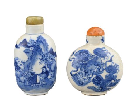 TWO CHINESE BLUE AND WHITE PORCELAIN SNUFF BOTTLES, 19TH CENTURY. To include a circular bottle decorated with Foo dogs, four-