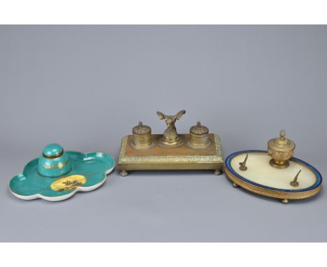 THREE 19TH CENTURY INKWELLS, to include: one gilt metal with eagle finial; one enamel and gilt porcelain inkwell with painted