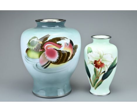 TWO VINTAGE JAPANESE ENAMEL VASES, 20TH CENTURY. Decorated with Mandarin ducks and flower. Each with white metal rims. 19cm a