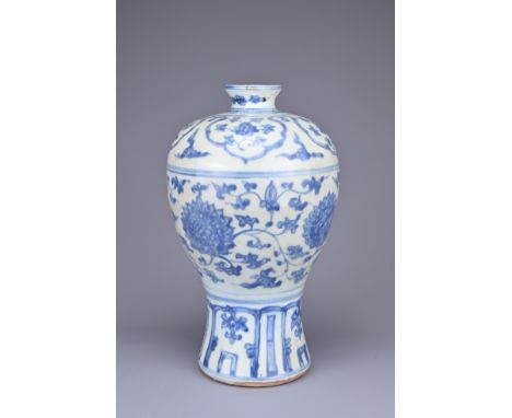 A CHINESE BLUE AND WHITE PORCELAIN MEIPING VASE, MING DYNASTY, 15/16TH CENTURY. Decorated to the body with continuous chrysan