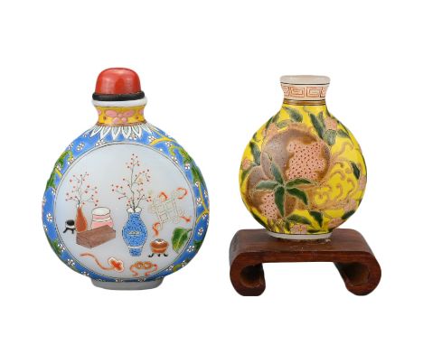 TWO VINTAGE CHINESE GLASS SNUFF BOTTLES. Each decorated in polychrome enamels, one yellow ground with peached and pomegranate