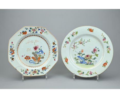 TWO CHINESE PORCELAIN DISHES, 18TH CENTURY. One octagonal and one circular dish decorated with gilt and floral design. Approx