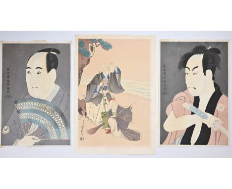SIX JAPANESE PRINTS WOODBLOCK PRINTS, 20TH CENTURY. Of Samurai, Seven Lucky Gods, Flowers, Bonsai tree, Man and lady with bro