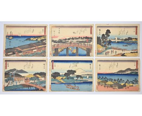 FIFTY-THREE STATIONS OF TOKAIDO, UTAGAWA HIROSHIGE. JAPANESE WOODBLOCK PRINTS, Part collection of loose pages comprising thir