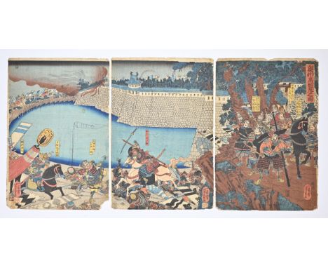 SATOMI TACHO C.1850. JAPANESE WOODBLOCK PRINT. Triptych of The Great Battle of the Minato River (Minatogawa ogassen zu). Toge