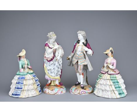 FOUR CERAMIC FIGURES TO INCLUDE: two continental figures of man and woman with 'AR' mark to base, together with two Staffords