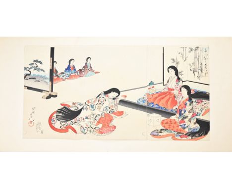 CHIKANOBU YOSHU (1838-1912) JAPANESE WOODBLOCK PRINT. Triptych printed on folding card from the series Chiyoda no Ooku 'Life 