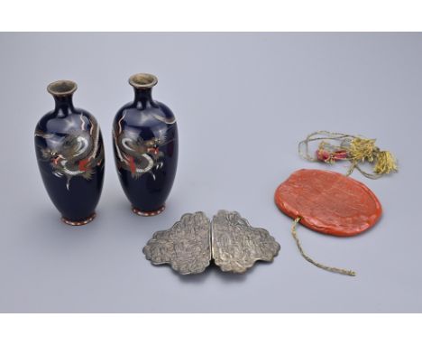 A GROUP OF JAPANESE, INDIAN, MIDDLE-EASTERN ITEMS, 19/20TH CENTURY. Comprising a pair of Japanese cloisonne enamel dragon spi