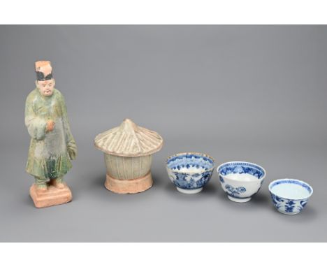 A GROUP OF CHINESE CERAMIC ITEMS, SONG DYNASTY AND LATER. To include a Song dynasty Yingqing glazed pottery model of a granar