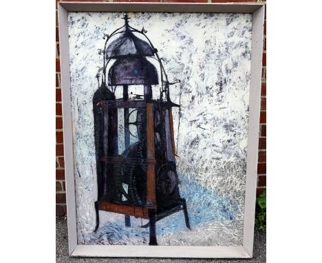 Mid-20th century oil on board, lantern clock, unsigned, 118cm x 87cm, framedGood original condition 