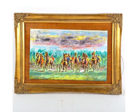 George Petty, enamel painting on copper, American carriage racing, signed, 20cm x 30cm, framedGood condition 