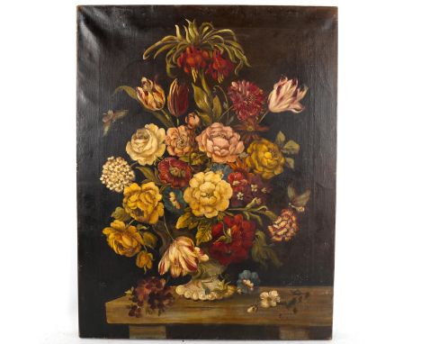 19th century oil on canvas, Dutch style still life, signed with monogram EV, 67cm x 51cm, unframedCanvas patch along the bott