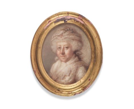  ~ Abraham Daniel (circa 1760-1806) Portrait of a lady with curled and powdered hair in a pearl-bound lace cap  Circular, 6.7