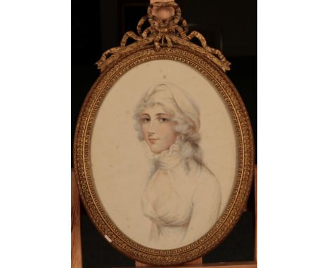 Manner of Thomas Gainsborough RA (1727-1788) Portrait of a lady wearing a white dress and bonnet  Watercolour, 30cm by 24cm