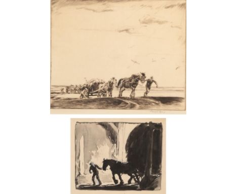 George Soper (1870-1942) Pulling the Haycart Pen and ink, together with The Sea Wrack, signed drypoint etching by the same ha