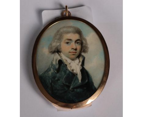 Attributed to Henry Edridge ARA (1769-1821) Portrait of a gentleman in blue coat and white stock Oval, 5cm Verso contains bea