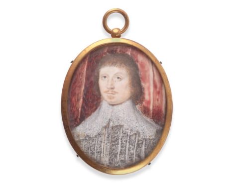  ~ Manner of John Hoskins (1590-1664) Portrait of a gentleman with silver embroidered slashed white doublet.  Oval, 5.1cm   .