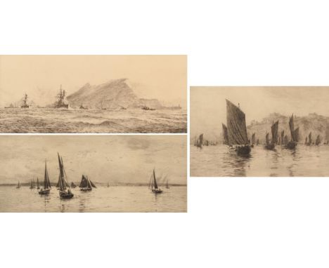 William Lionel Wyllie (1851-1931) ''Sailing off Dover'' Signed, etching, together with two further signed etchings by the sam